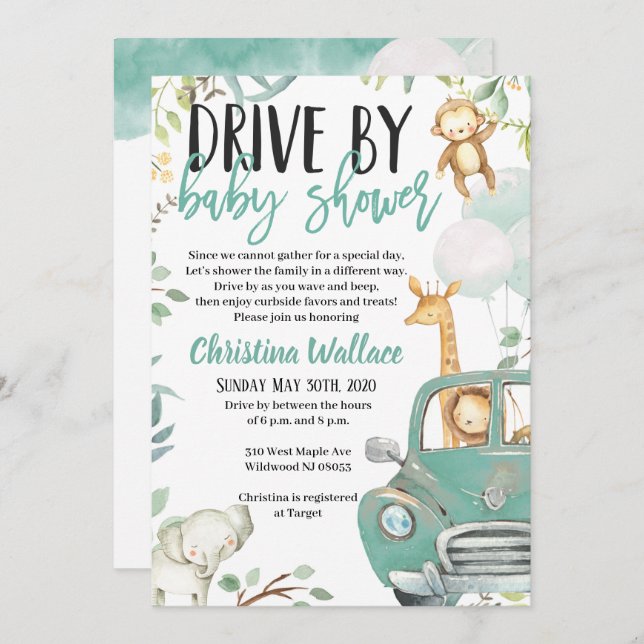 Safari Animals Drive By Baby Shower Invitations (Front/Back)
