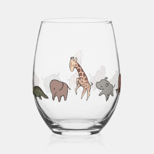 Safari Animals (Elephant, Giraffe, Croc & Rhino) Stemless Wine Glass