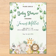Safari Animals Eucalyptus Baby Shower Invite