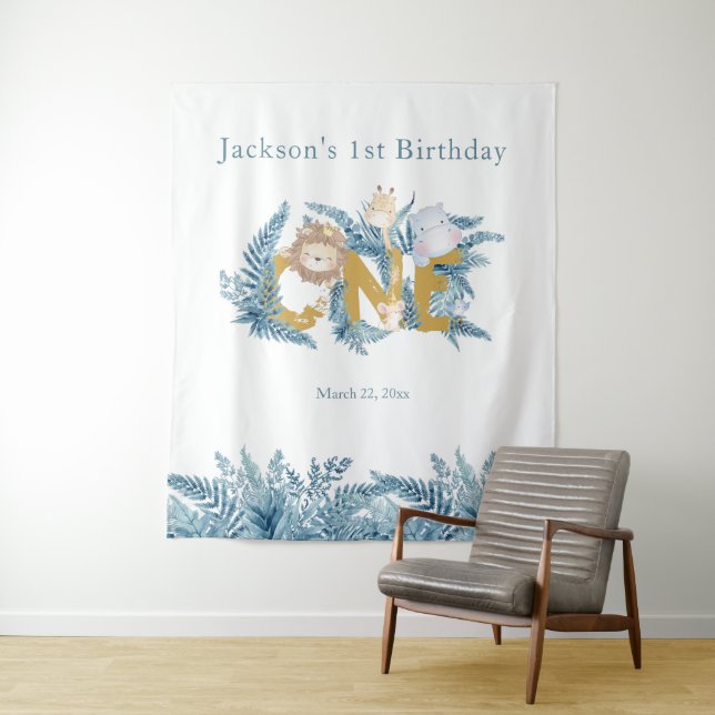 Safari Animals Exotic Custom Boy First Birthday Tapestry (In Situ)