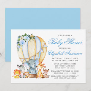 Safari Animals Floral Air Balloon Blue Baby Shower Invitation