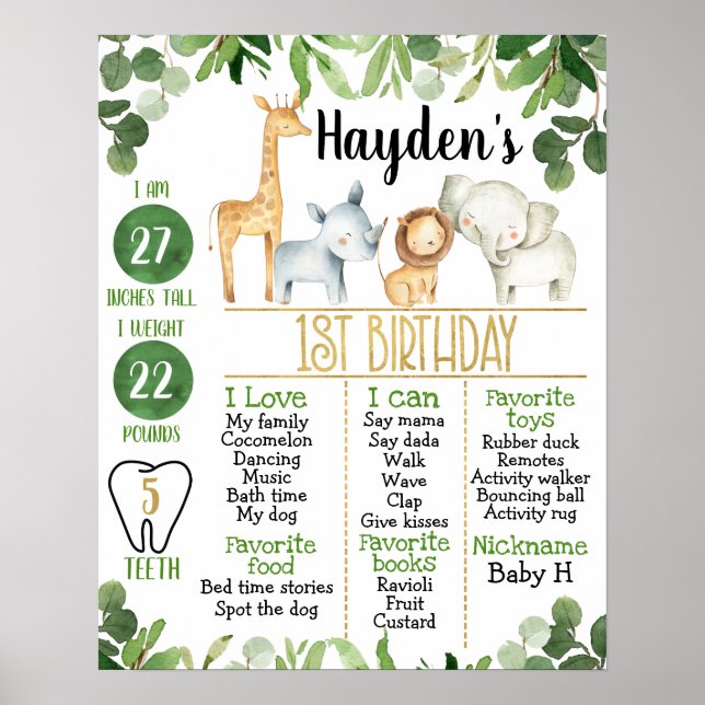 Safari Animals Foilage 1st Birthday Milestone Poster (Front)