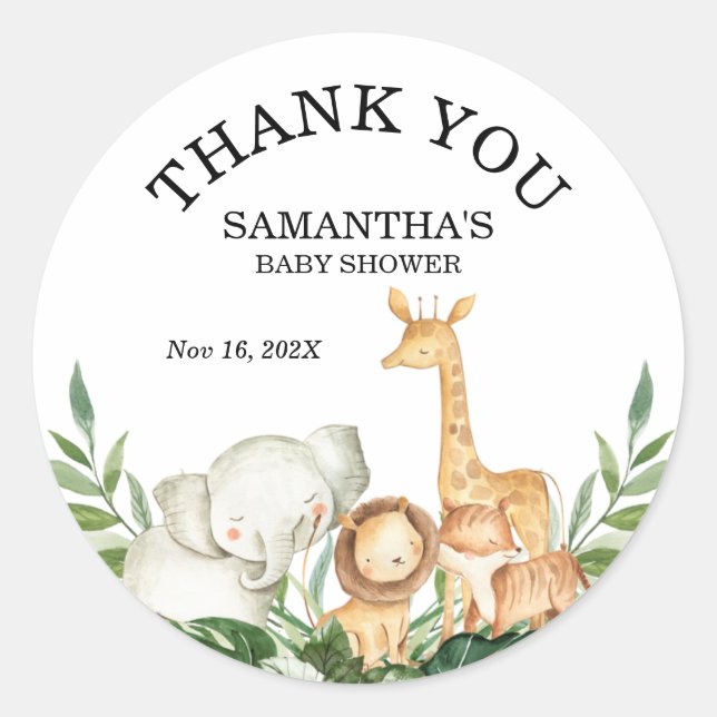 Safari Animals Foliage Gender Neutral Baby Shower Classic Round Sticker (Front)