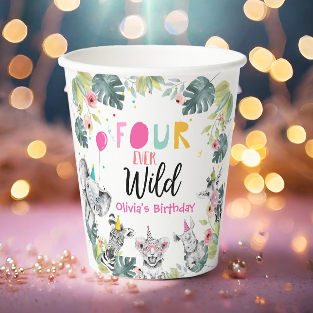 Safari Animals Four Ever Wild Birthday Pink Girl Paper Cups (Creator Uploaded)