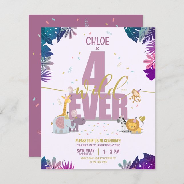 Safari Animals Four Ever Wild Girl Budget Birthday (Front/Back)