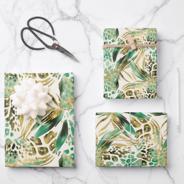 Safari Animals' Fur Prints Pattern Green and Gold Wrapping Paper Sheet (Front)