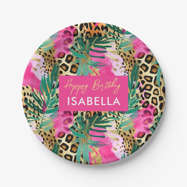 Safari Animals' Fur Prints Pattern Green Pink Gold Paper Plate (Front)