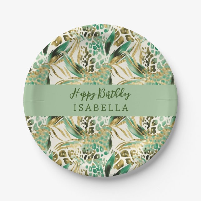 Safari Animals' Fur Prints Pattern & Palm Leaves Paper Plate (Front)