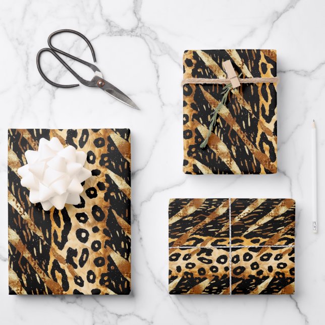 Safari Animals Fur Prints Patterns Black and Gold Wrapping Paper Sheet (Front)
