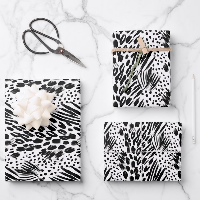 Safari Animals' Fur Prints Patterns Black & White Wrapping Paper Sheet (Front)