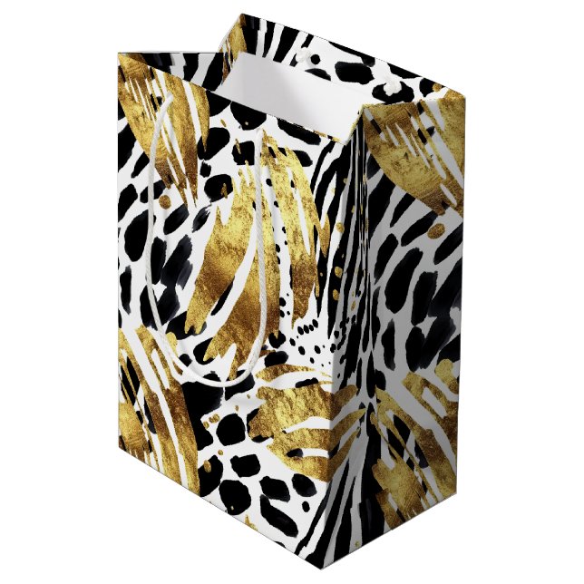 Safari Animals Fur Prints Patterns Gold and Black Medium Gift Bag (Back Angled)