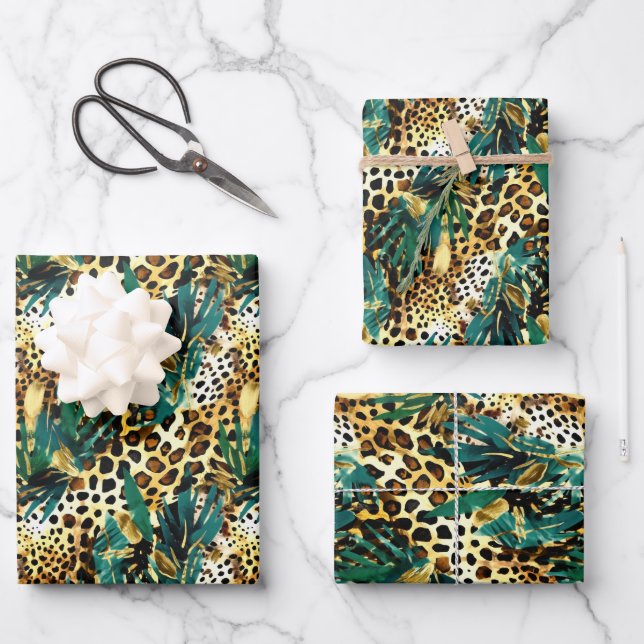 Safari Animals' Fur Prints Patterns Green and Gold Wrapping Paper Sheet (Front)