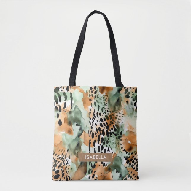 Safari Animals' Fur Prints Patterns Green & Brown Tote Bag (Front)