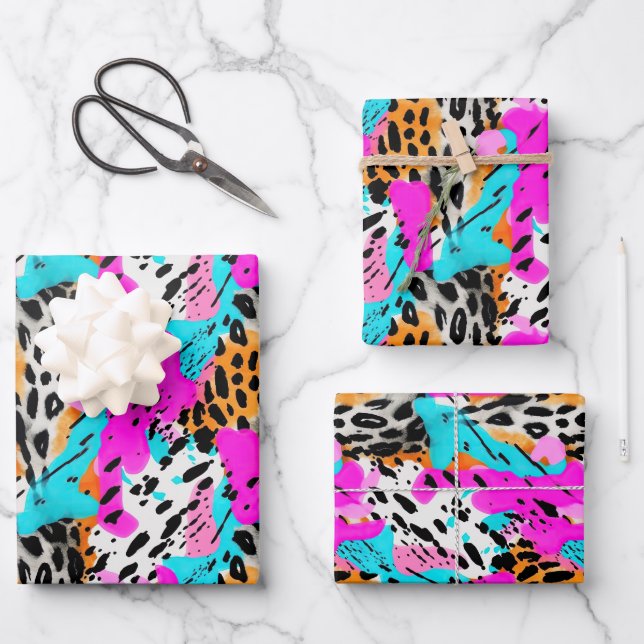 Safari Animals Fur Prints Patterns Neon Colourful Wrapping Paper Sheet (Front)