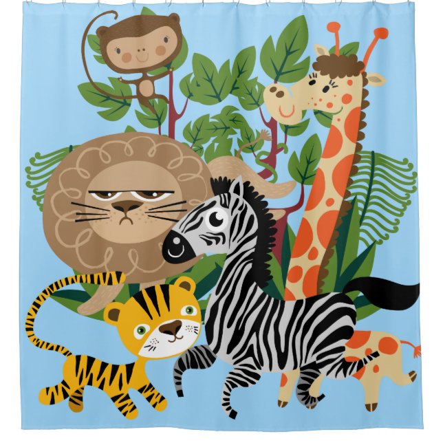 Safari Animals Giraffe Monkey Lion Zebra Tiger Shower Curtain (Front)