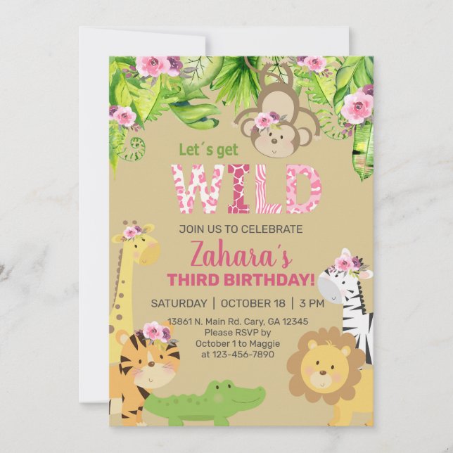 Safari animals girl 3rd third birthday invite. invitation (Front)