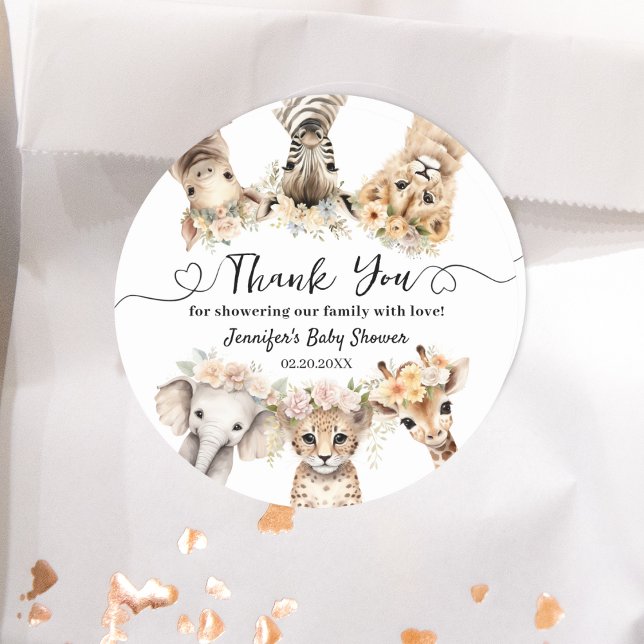 Safari Animals Girl Baby Shower Classic Round Sticker (Creator Uploaded)