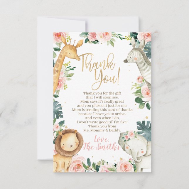 Safari Animals Girl Baby Shower Thank You Cards (Front)