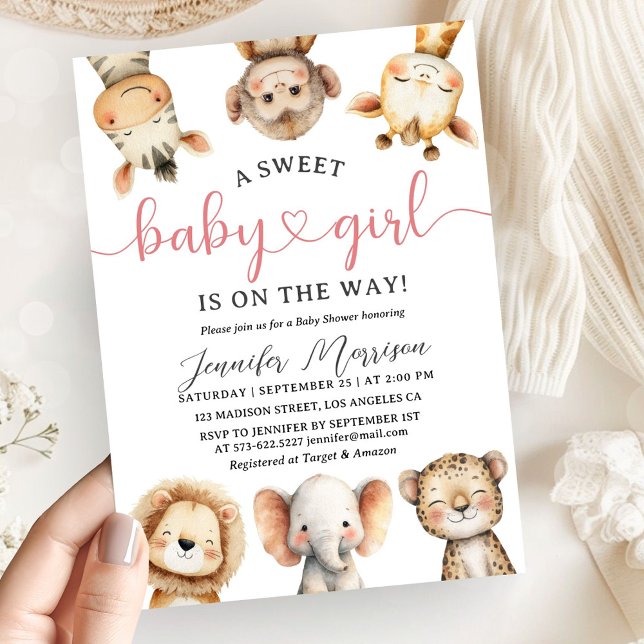Safari Animals Girl Baby Shower Tropical Jungle Invitation (Creator Uploaded)