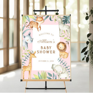 Safari animals girl baby shower welcome sign