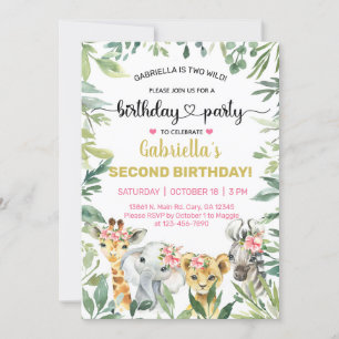 Safari animals girl birthday invite, any age. invitation