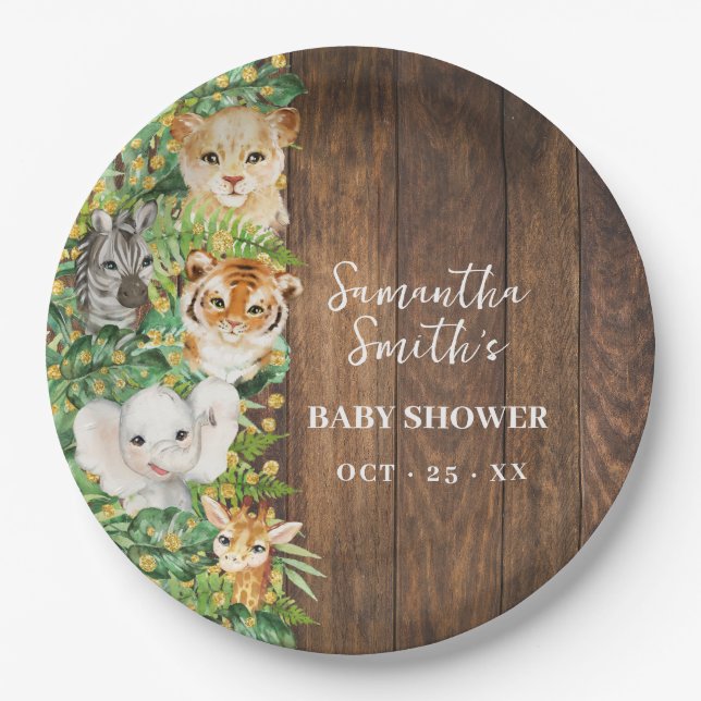 Safari Animals Gold Glitter Rustic Baby Shower Paper Plate (Front)