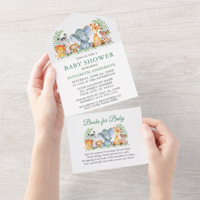 Safari Animals Green Baby Shower and Books All In One Invitation (Tearaway)