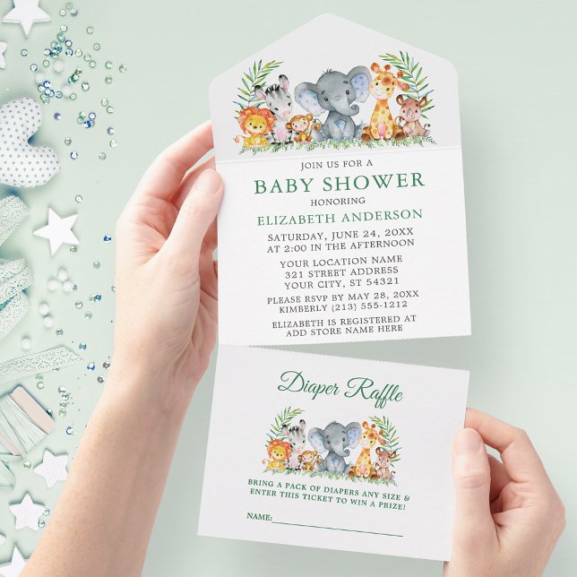 Safari Animals Green Baby Shower and Raffle All In One Invitation (All In One Baby Shower Invitation with Diaper Raffle tear off card.)