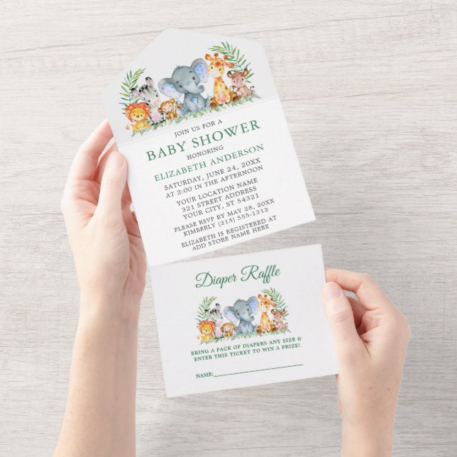 Safari Animals Green Baby Shower and Raffle All In One Invitation (Tearaway)