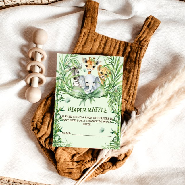 Safari Animals Green Bow Baby Shower Diaper Raffle Enclosure Card (Creator Uploaded)