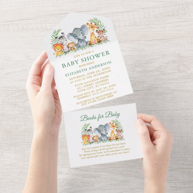 Safari Animals Green Gold Baby Shower and Books All In One Invitation (Tearaway)