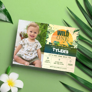 Safari Animals Green Wild One Photo 1st Birthday Invitation