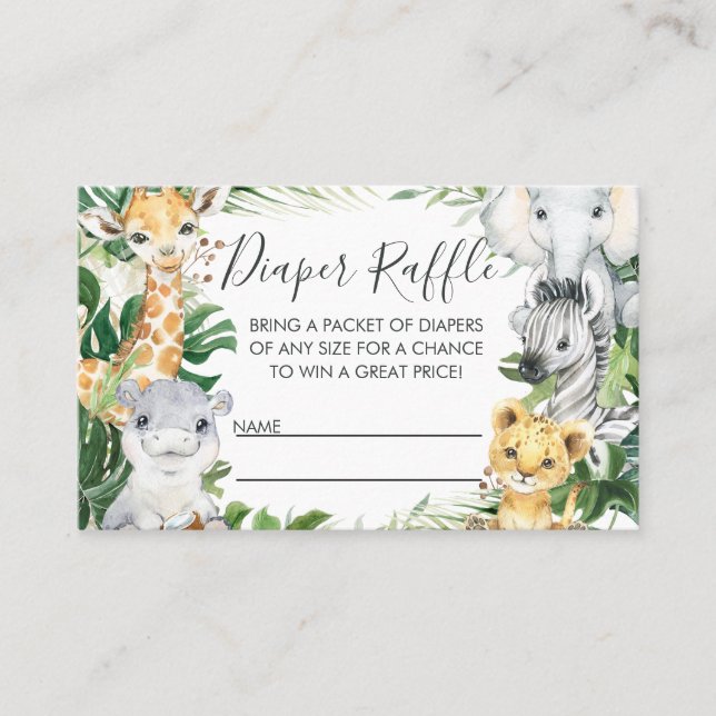 Safari Animals Greenery Baby Shower Diaper Raffle  Business Card (Front)