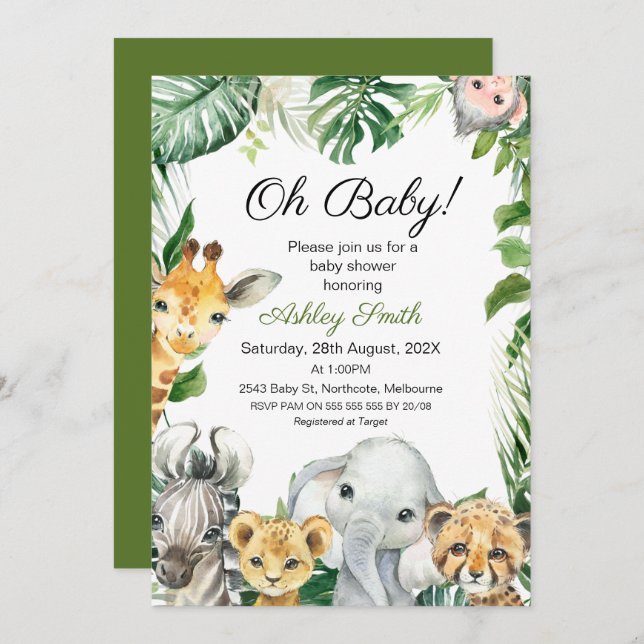 Safari Animals Greenery Baby Shower Invitation (Front/Back)