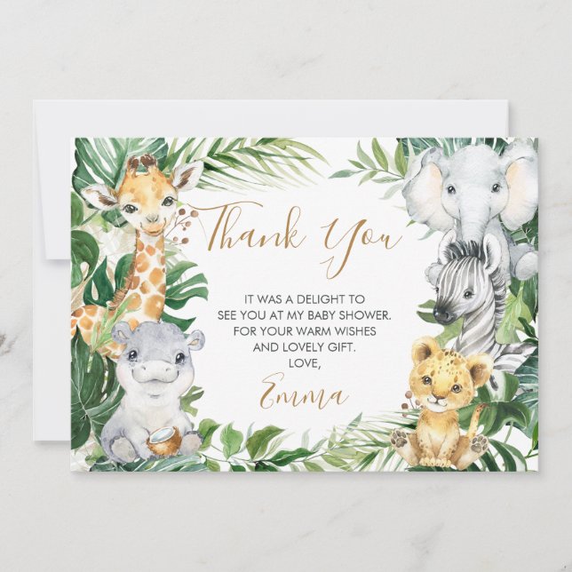 Safari Animals Greenery Baby Shower Thank You Card (Front)