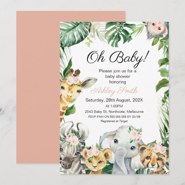 Safari Animals Greenery Girls Baby Shower Invitation (Front/Back)