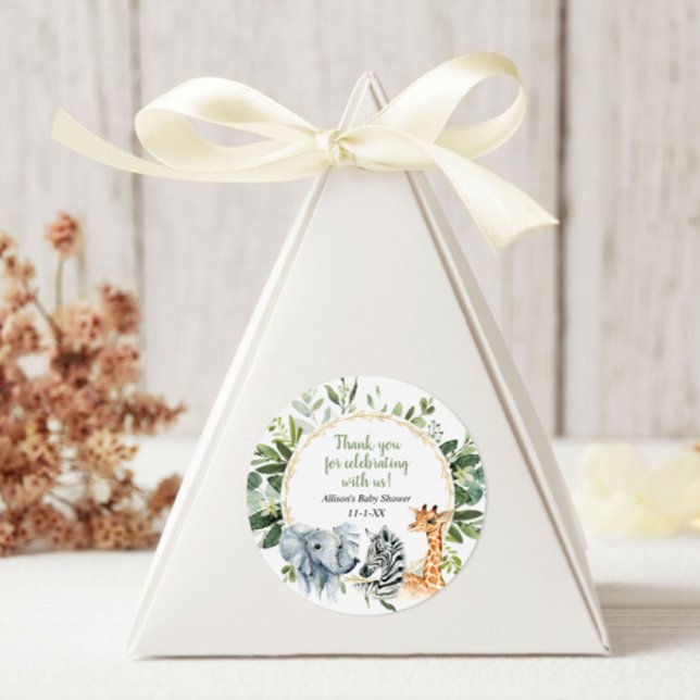 Safari animals greenery gold baby shower classic round sticker (Creator Uploaded)