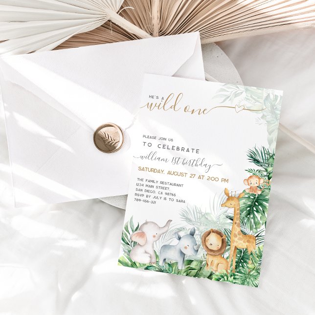 Safari Animals Greenery Wild One Boy 1st Birthday Invitation (Creator Uploaded)