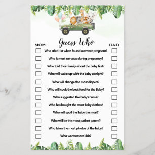 Safari Animals Guess Who Baby Shower Game Card