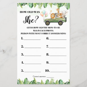 Safari Animals How old was She Baby Shower Card