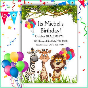 Safari Animals In Forest Birthday Party Invitation