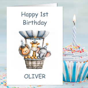 Safari Animals in Hot Air Balloon 1st Birthday Card
