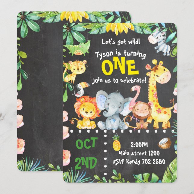 Safari Animals Invitation Jungle Birthday ZOO (Front/Back)