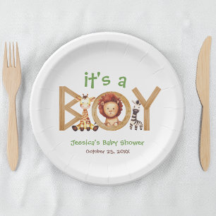 Safari Animals It's a Boy Wood Baby Shower Paper Plate