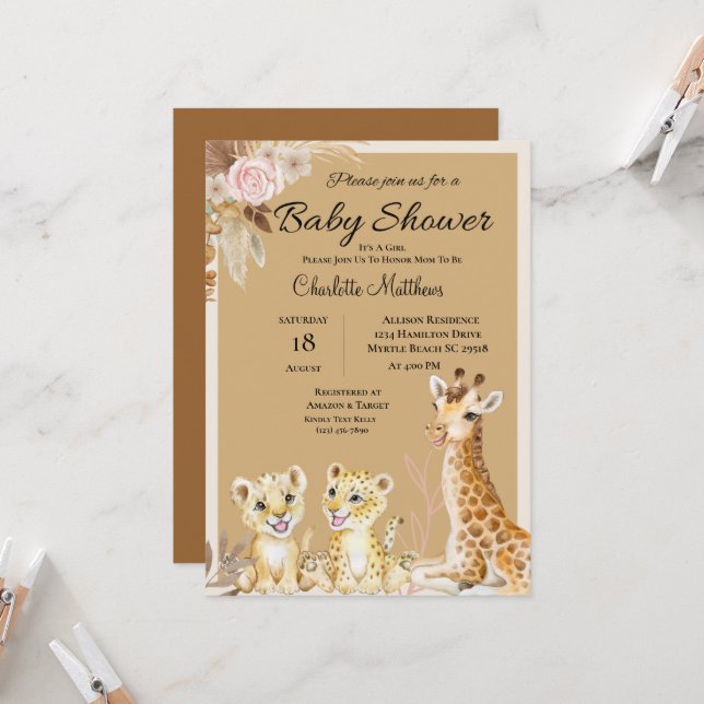 Safari Animals Jungle  Baby Shower   Invitation (Front/Back In Situ)