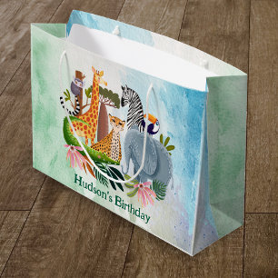 Safari animals jungle birthday watercolor large gift bag