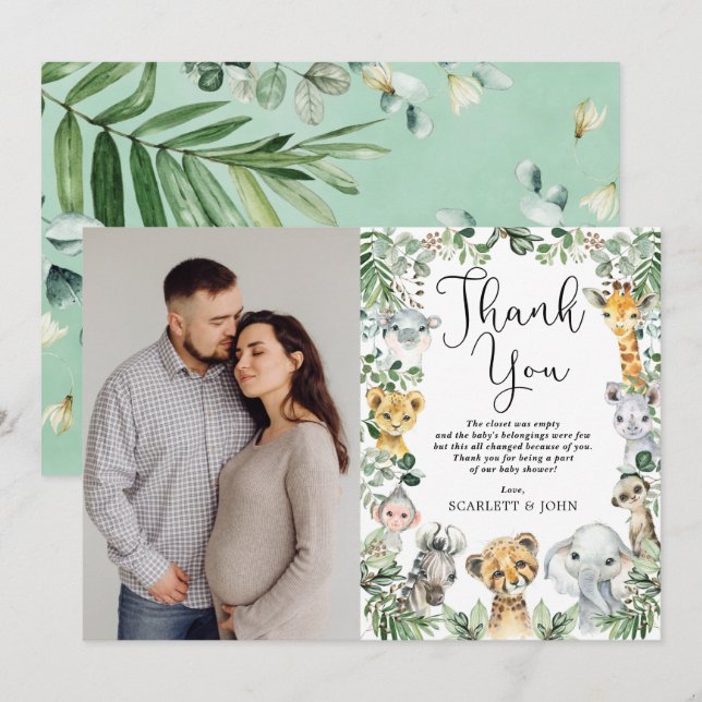 Safari Animals Jungle Greenery Baby Shower Photo Thank You Card (Front/Back)