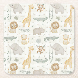 Safari Animals Jungle Greenery Gingham Check Square Paper Coaster