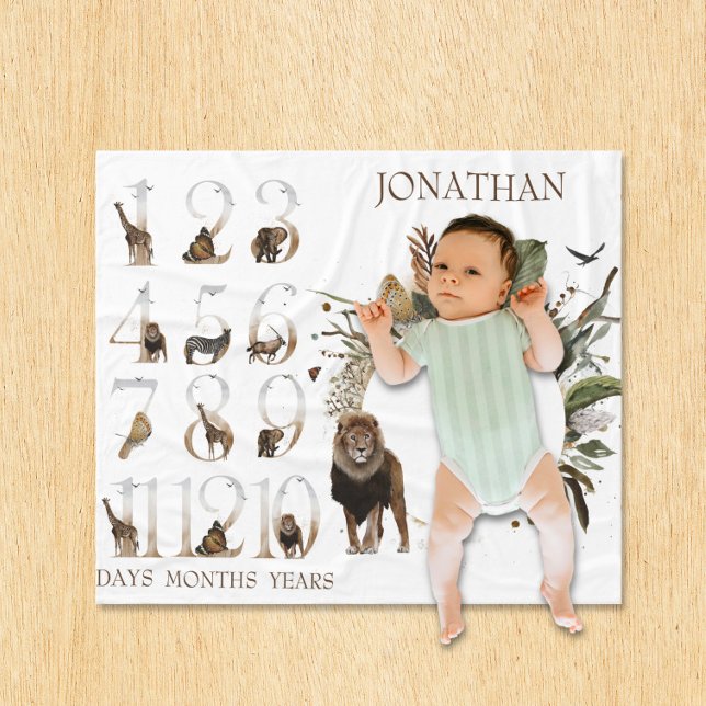  Safari Animals Jungle Numbers Milestone Age Lion Fleece Blanket (Creator Uploaded)
