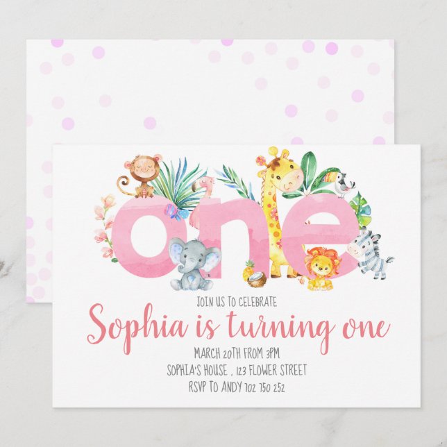 Safari Animals Jungle Pink Girl 1st First Birthday Invitation (Front/Back)